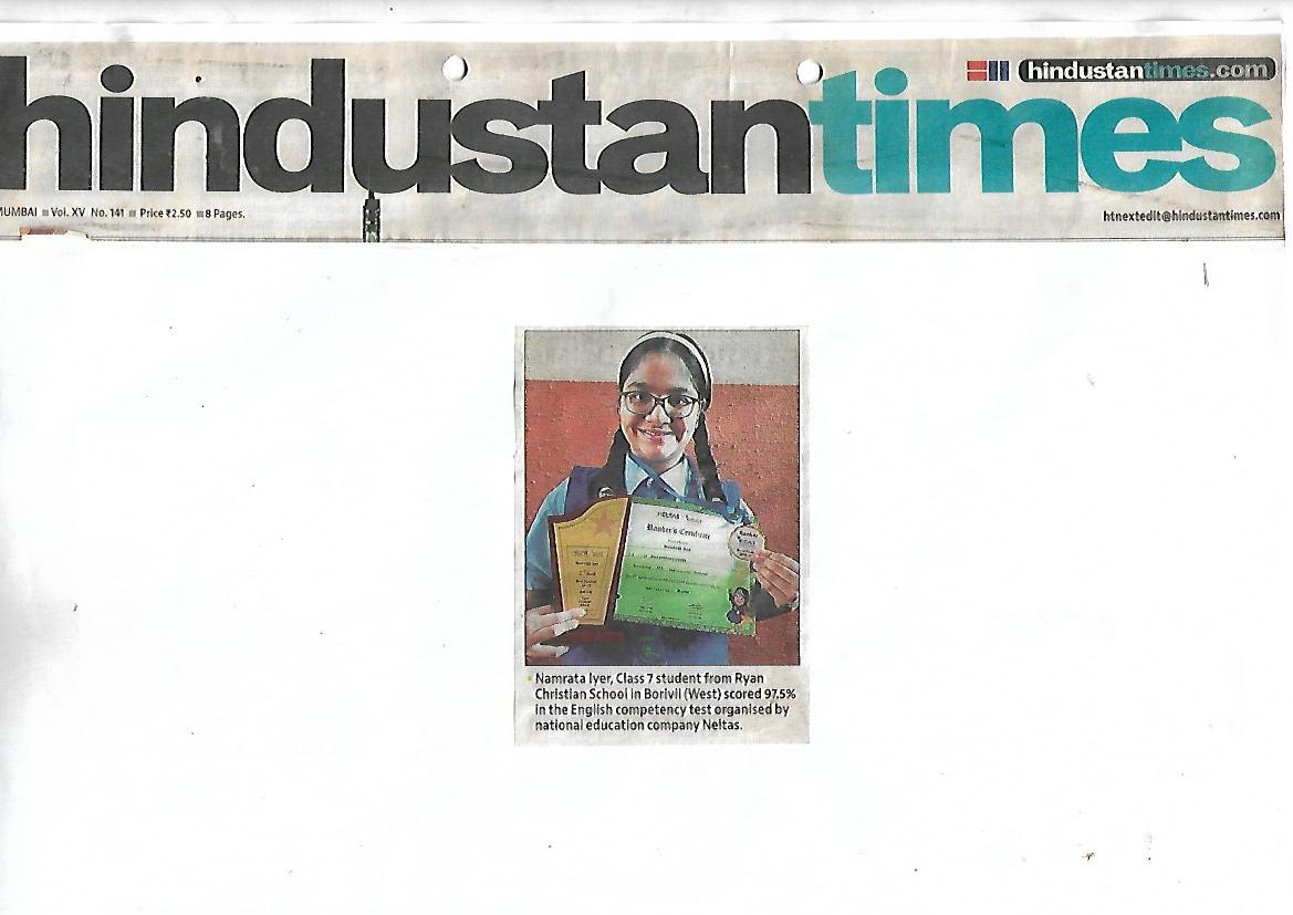 Namrata Iyer’s 2nd rank position was featured in Hindustan Times